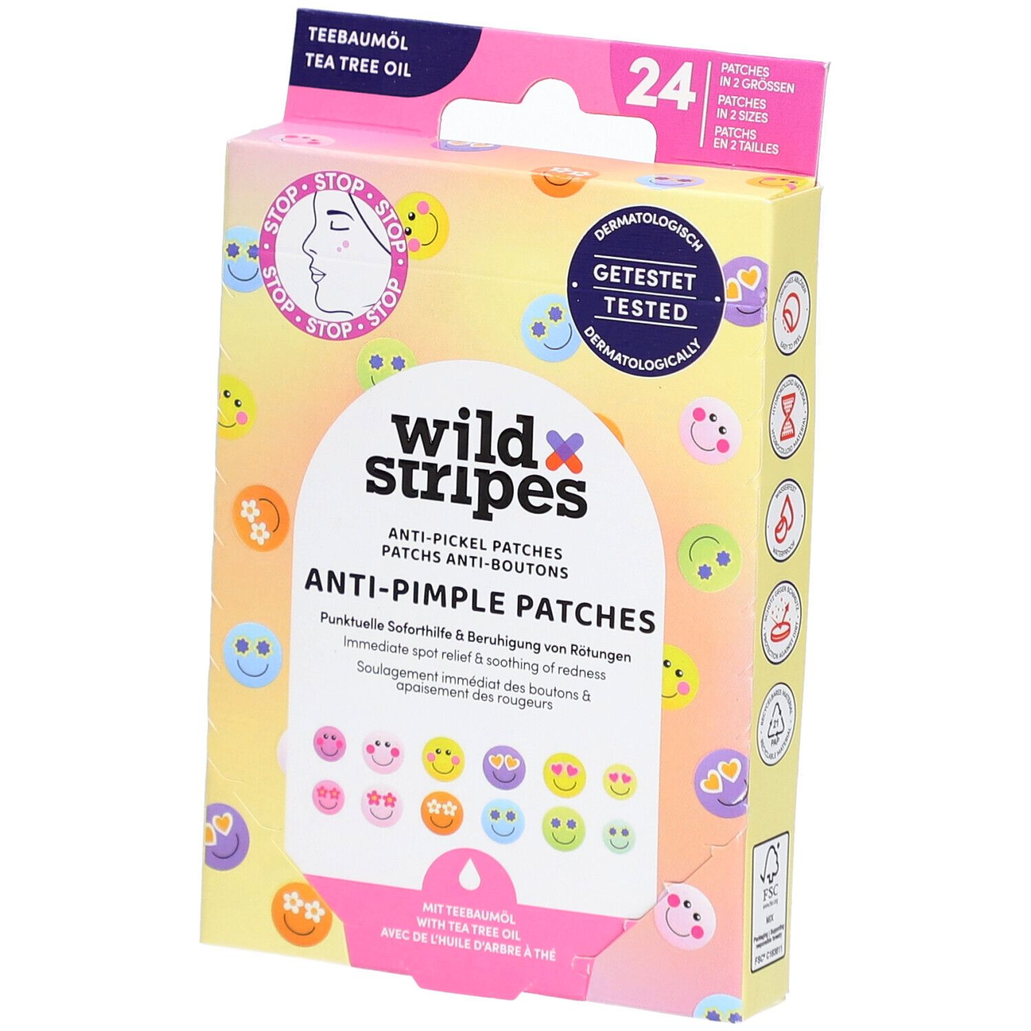Boîte de patchs anti-boutons. Contient 24 patchs en 2 tailles. Inscription : wild stripes, Anti-Pimple Patches, testé dermatologiquement.