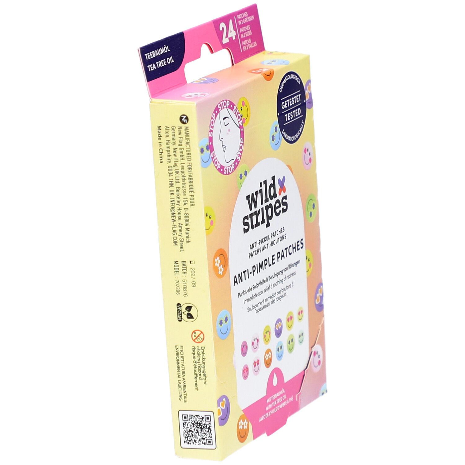 Boîte de patchs anti-boutons en biais. Inscription : wild stripes, Anti-Pimple Patches, testé dermatologiquement. Avec huile d'arbre à thé.