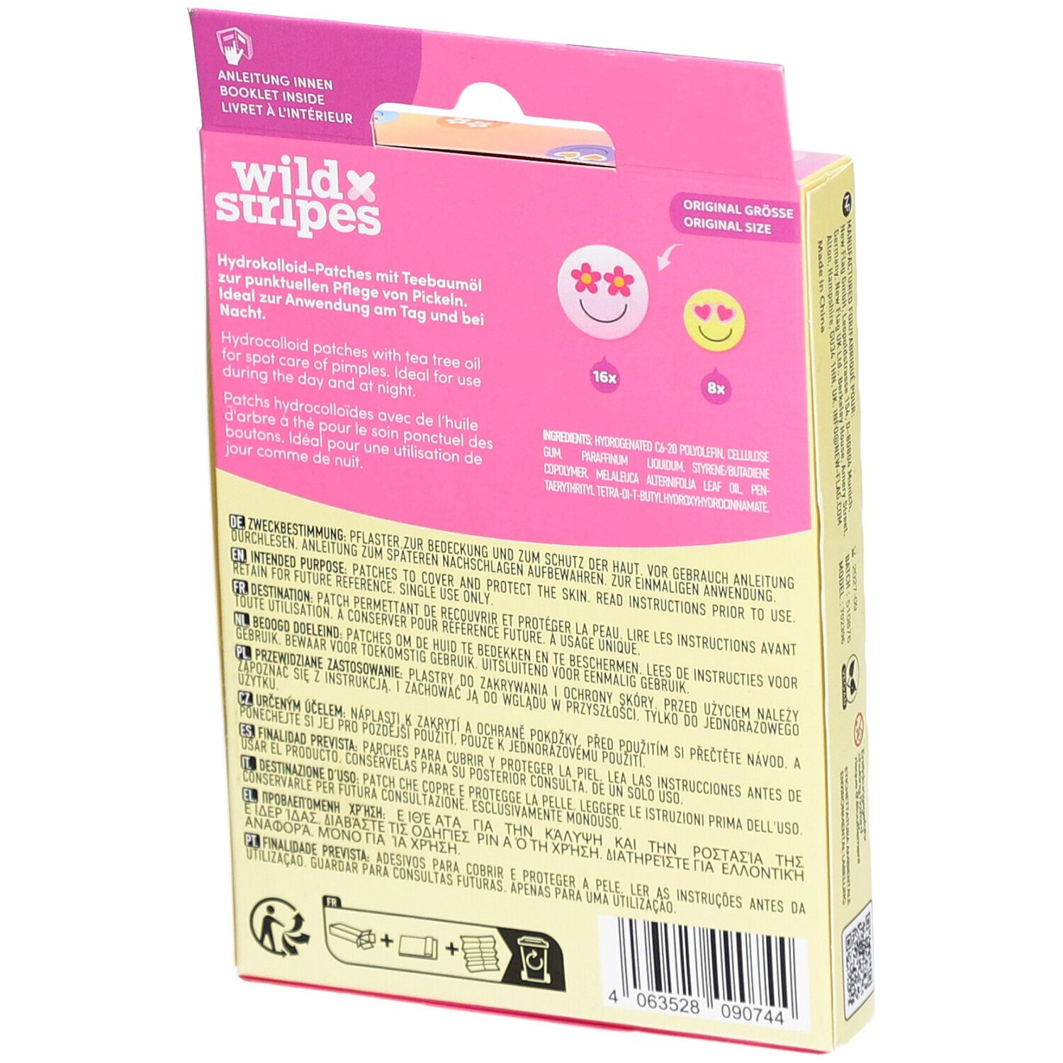 Dos de la boîte de patchs anti-boutons. Contient des informations sur les ingrédients et l'utilisation. Avec 16 et 8 patchs.