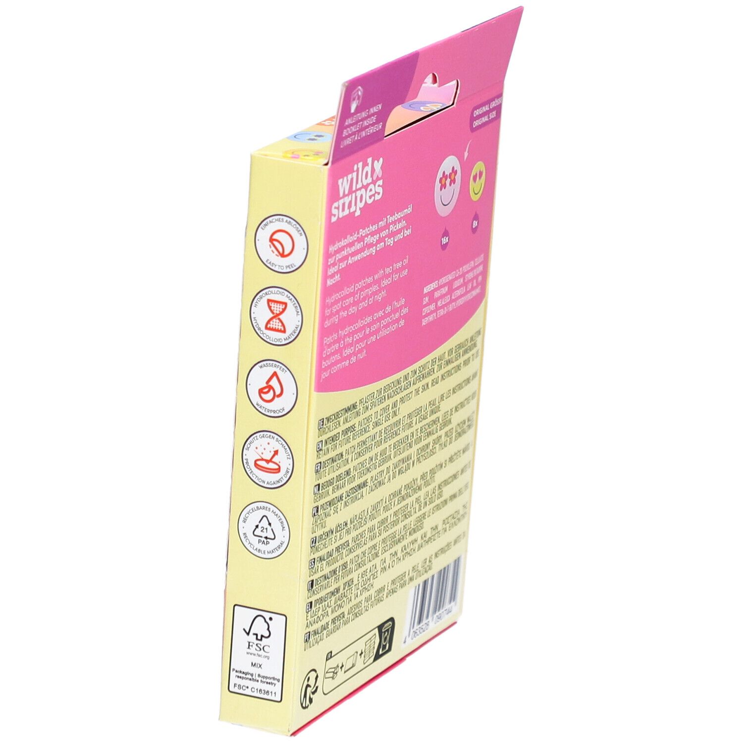 Vue latérale de la boîte de patchs anti-boutons. Contient des informations sur les ingrédients et l'utilisation. Certification FSC.