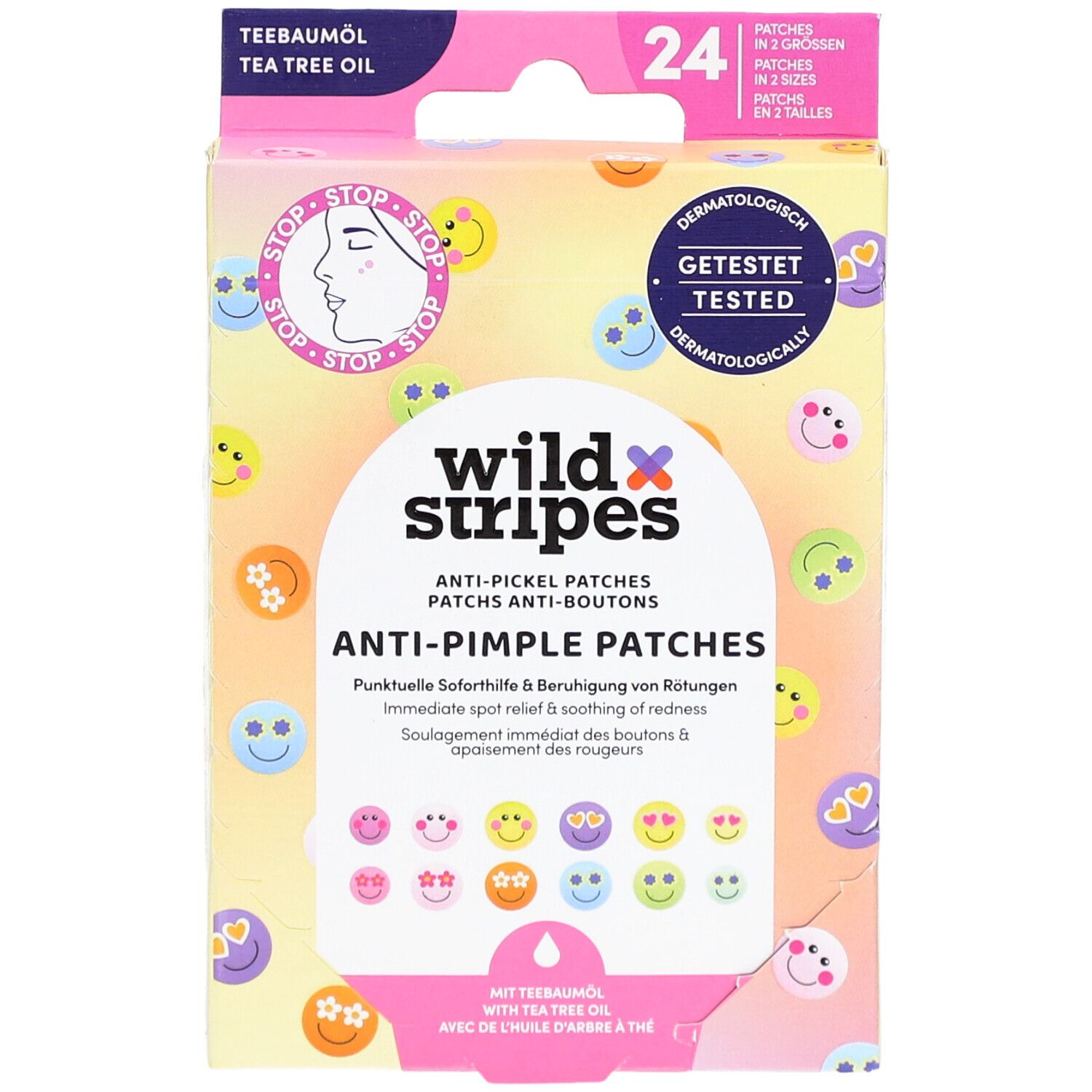Vue de face de la boîte de patchs anti-boutons. Contient 24 patchs en 2 tailles. Inscription : wild stripes, Anti-Pimple Patches.