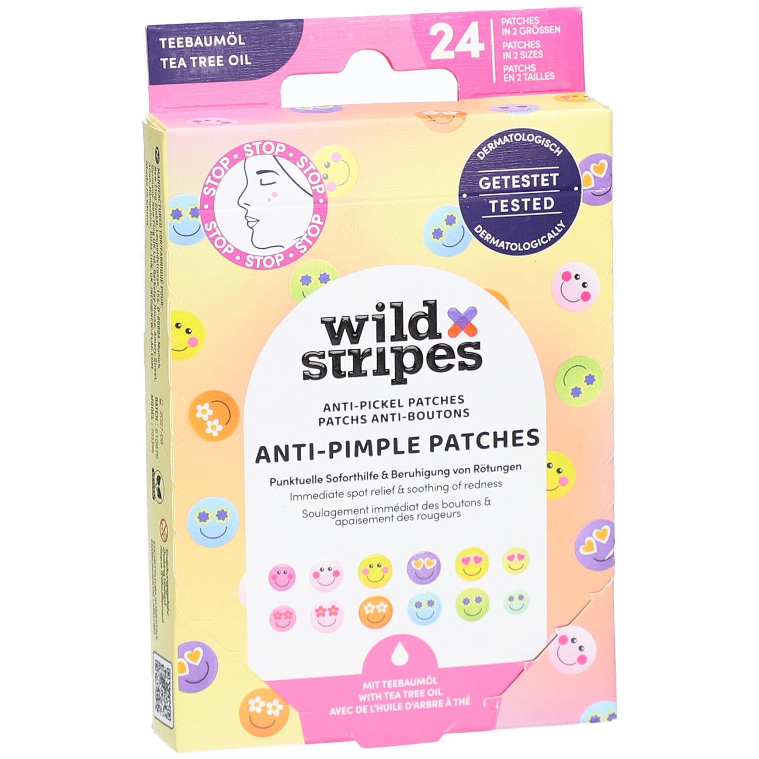 Vue de face de la boîte de patchs anti-boutons. Contient 24 patchs en 2 tailles. Inscription : wild stripes, Anti-Pimple Patches.
