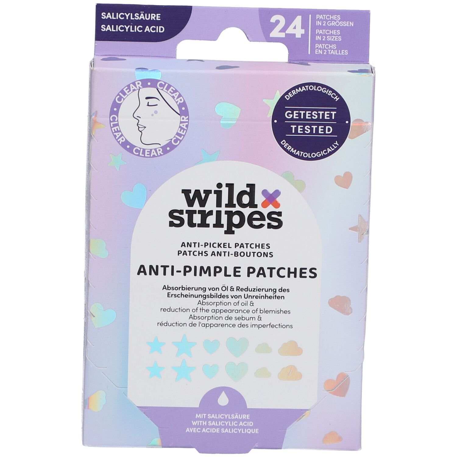 Boîte de patchs anti-boutons. Patchs holographiques clairs avec acide salicylique. 24 pièces, testés dermatologiquement.