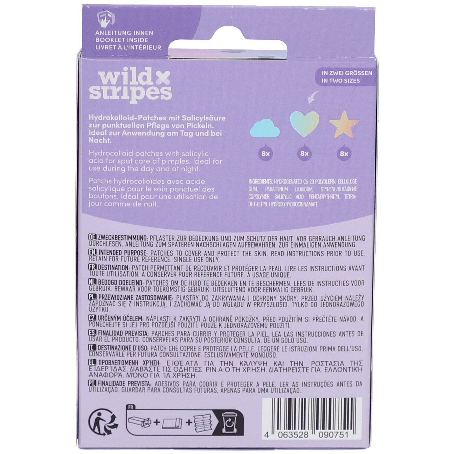 Dos de l'emballage. Patchs hydrocolloïdes à l'acide salicylique. 2 tailles. Instructions à l'intérieur.