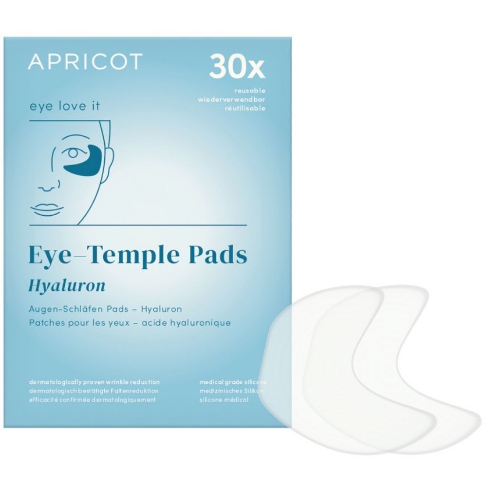 Paquet de coussinets pour les yeux et les tempes. Marque APRICOT. 30 pièces. Coussinets et emballage côte à côte. Inscription : Eye-Temple Pads Hyaluron.