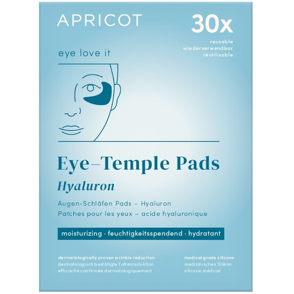 Paquet de coussinets pour les yeux et les tempes. Marque APRICOT. Inscription : Eye-Temple Pads Hyaluron. 30 pièces. Hydratant.