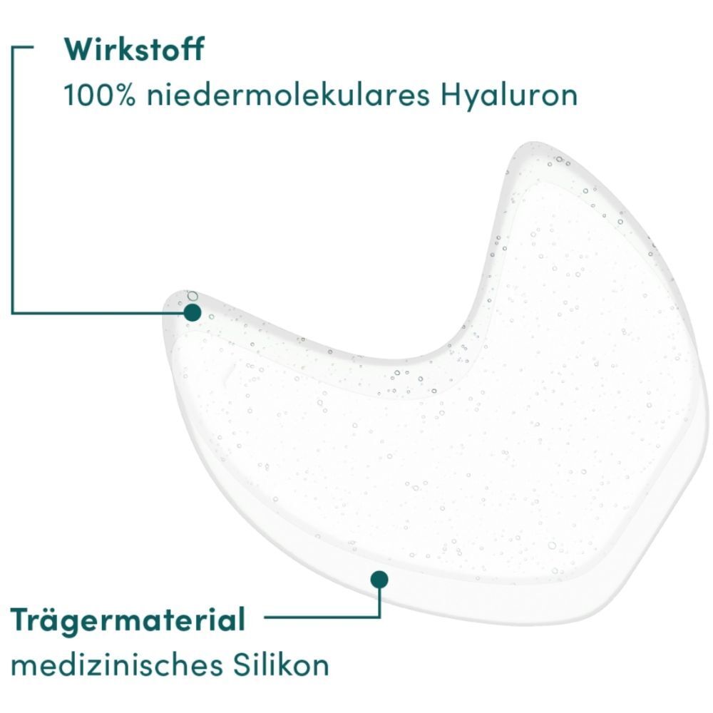 Coussinet pour les yeux et les tempes avec inscription. Ingrédient actif : 100% acide hyaluronique à faible poids moléculaire. Matériau de support : silicone médical.