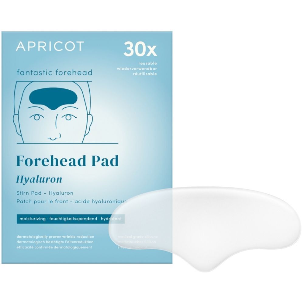 Emballage avec patch frontal. Marque APRICOT. Texte: Forehead Pad Hyaluron. 30x. Réutilisable. Patch frontal transparent à côté.