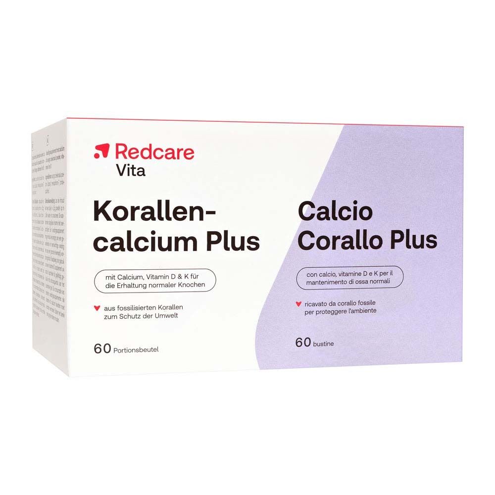 Boîte de Redcare Vita Korallencalcium Plus. Contient 60 sachets. Inscription : Calcium, Vitamine D & K.