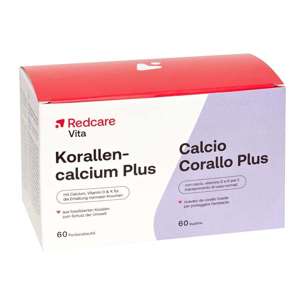 Boîte de Redcare Vita Korallencalcium Plus. Contient 60 sachets. Inscription : Calcium, Vitamine D & K.