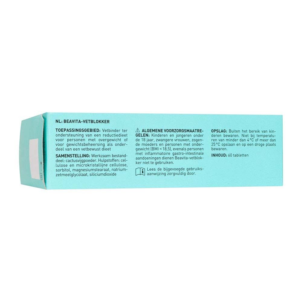 Vue latérale de l'emballage BEAVITA Fett Blocker Med avec instructions.