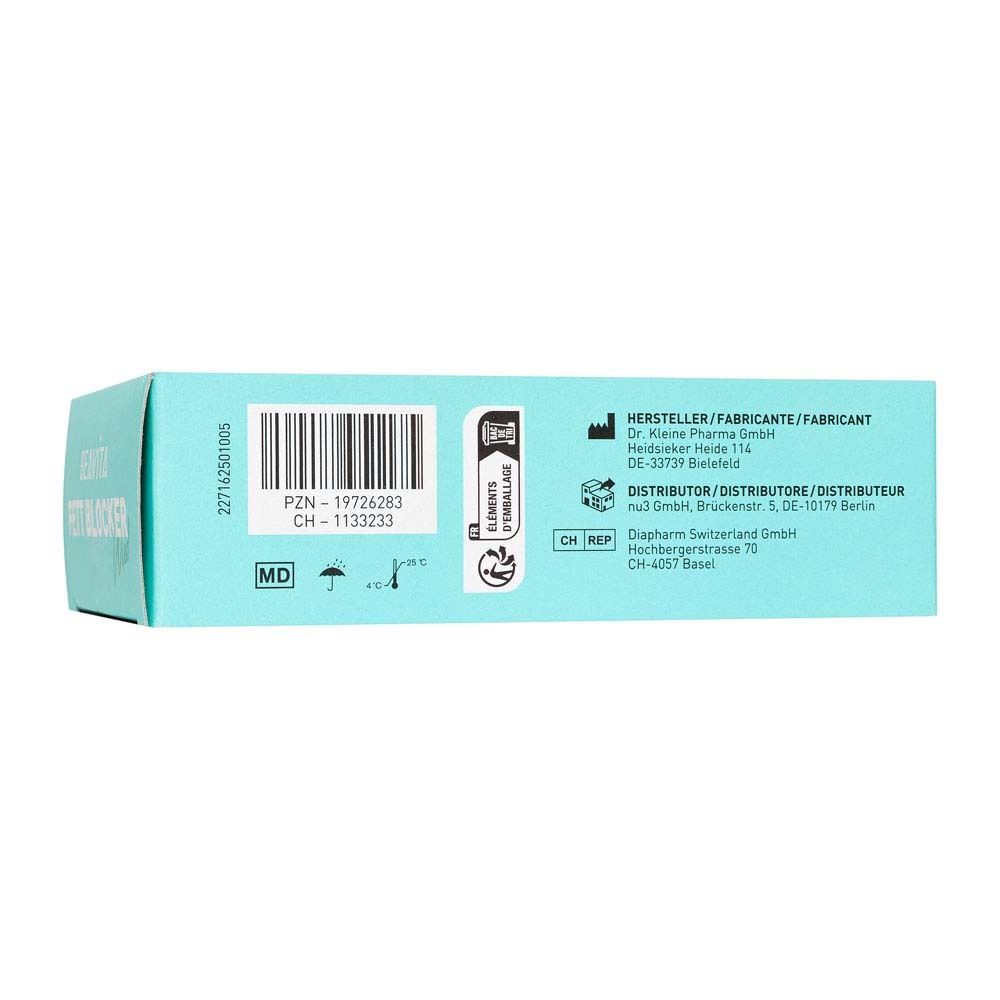 Vue latérale de l'emballage BEAVITA Fett Blocker Med avec informations fabricant et distributeur.