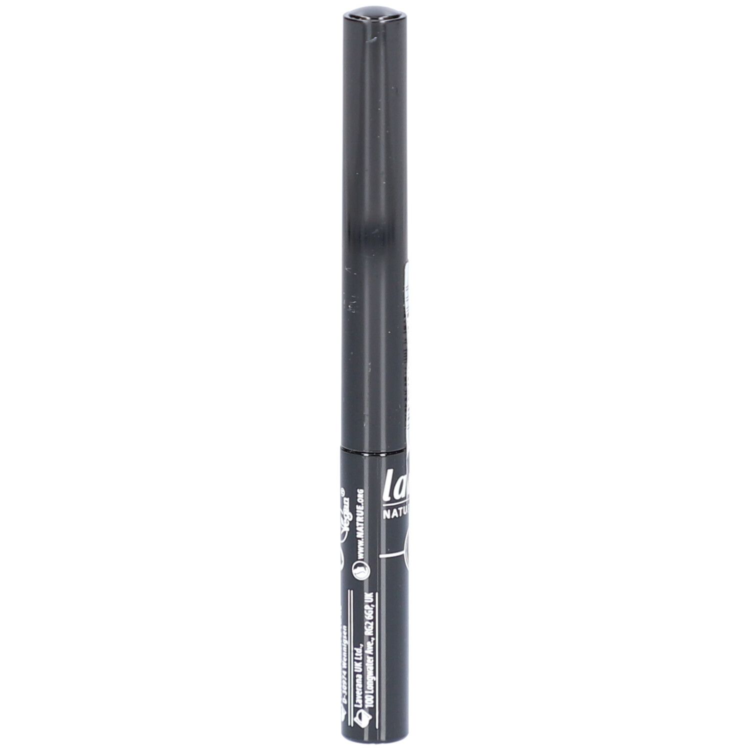 Eyeliner liquide noir. Inscription: lavera, cosmétiques naturels. Avec applicateur. Bouchon et stylo noirs.