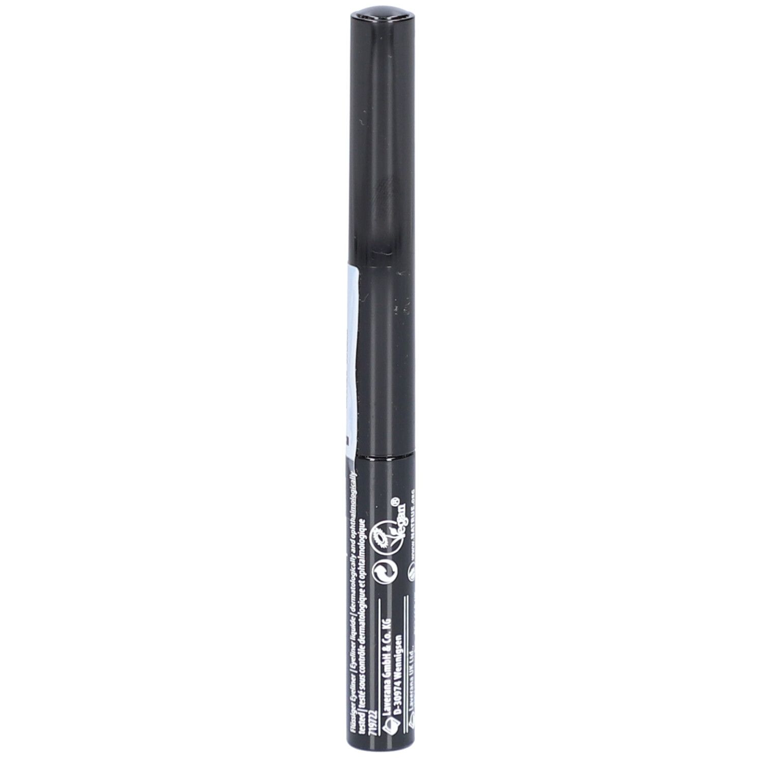 Eyeliner liquide noir. Inscription: lavera, cosmétiques naturels. Avec applicateur. Bouchon et stylo noirs.