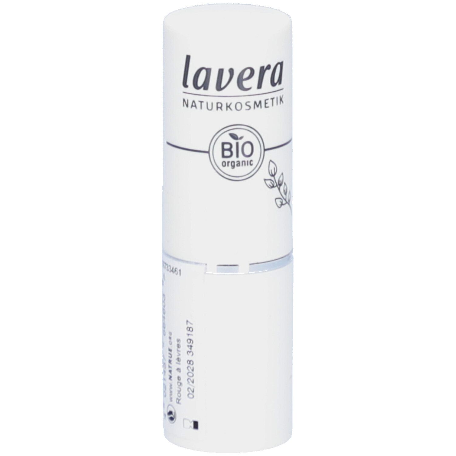 Tube de rouge à lèvres blanc. Marque : lavera. Impression : BIO organic. Code-barres et informations produit sur le côté.