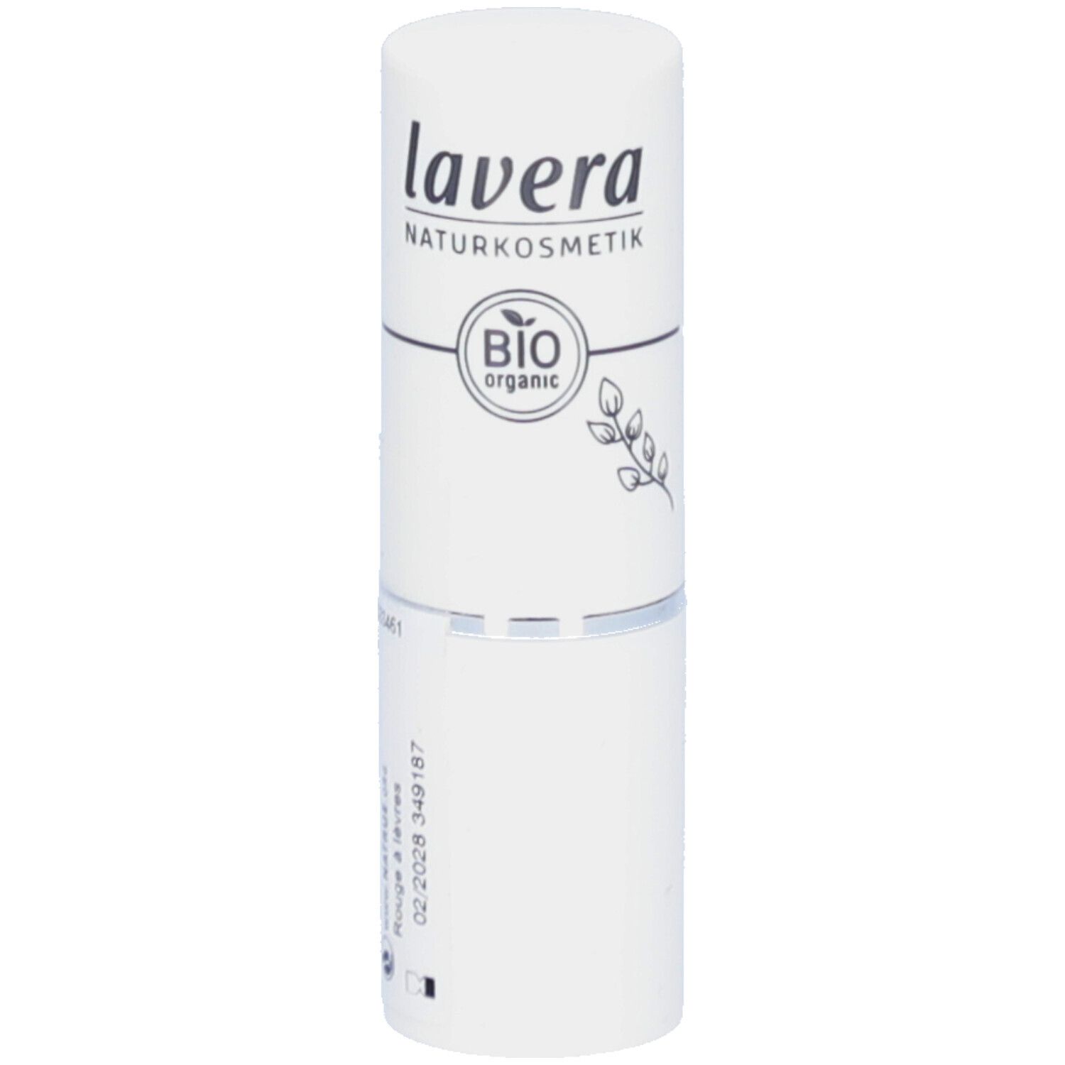 Tube de rouge à lèvres blanc. Marque : lavera. Impression : BIO organic. Nom du produit non visible.