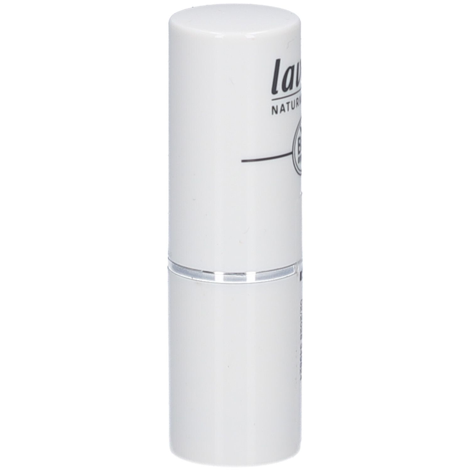 Rouge à lèvres blanc lavera. Le couvercle porte "lavera NATURKOSMETIK" et un label bio. Le rouge à lèvres est fermé.