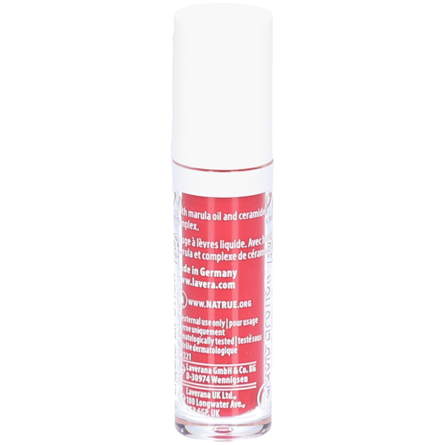 Rouge à lèvres liquide rouge dans un tube transparent avec un capuchon blanc. Dos avec texte et code-barres.