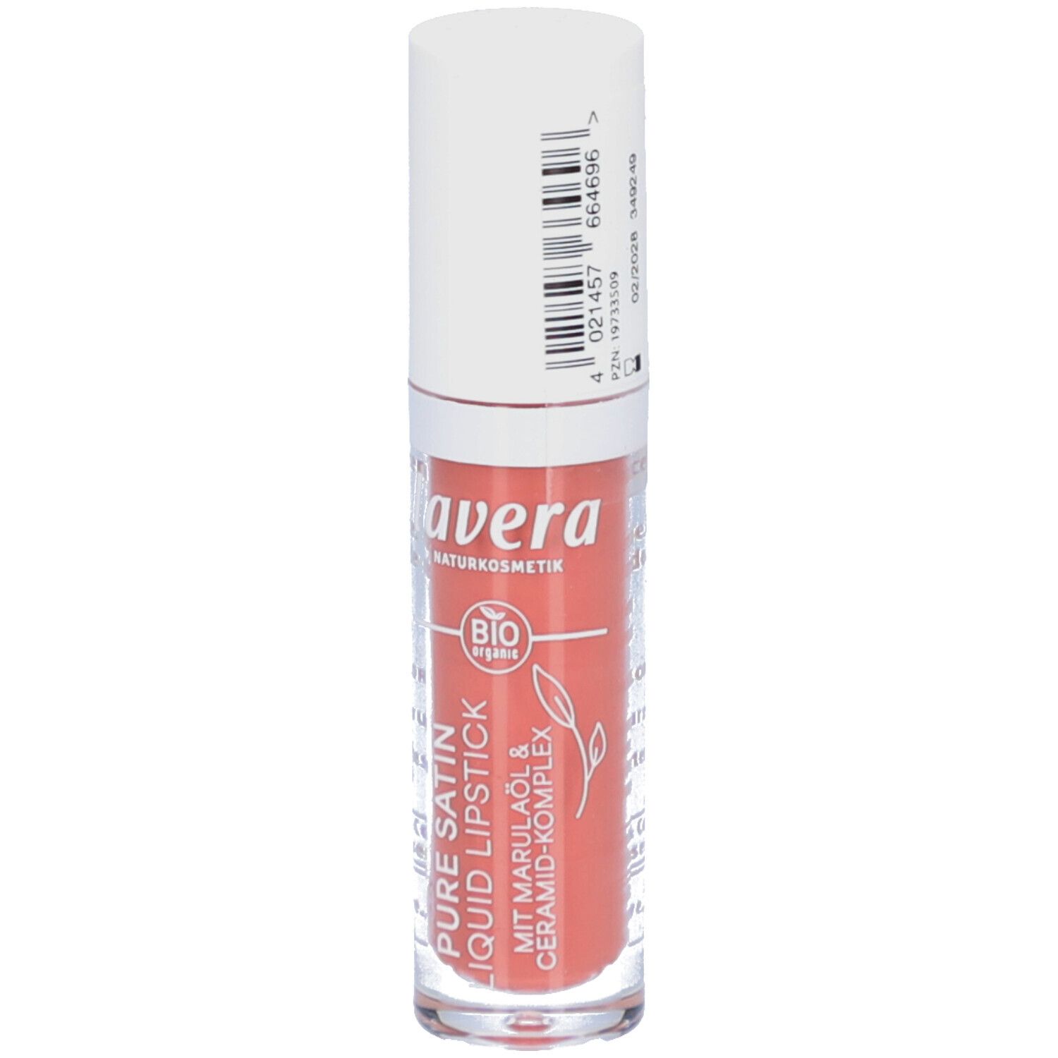 Rouge à lèvres liquide nude. Marque: lavera. Bouchon blanc, contenant transparent. Label bio.
