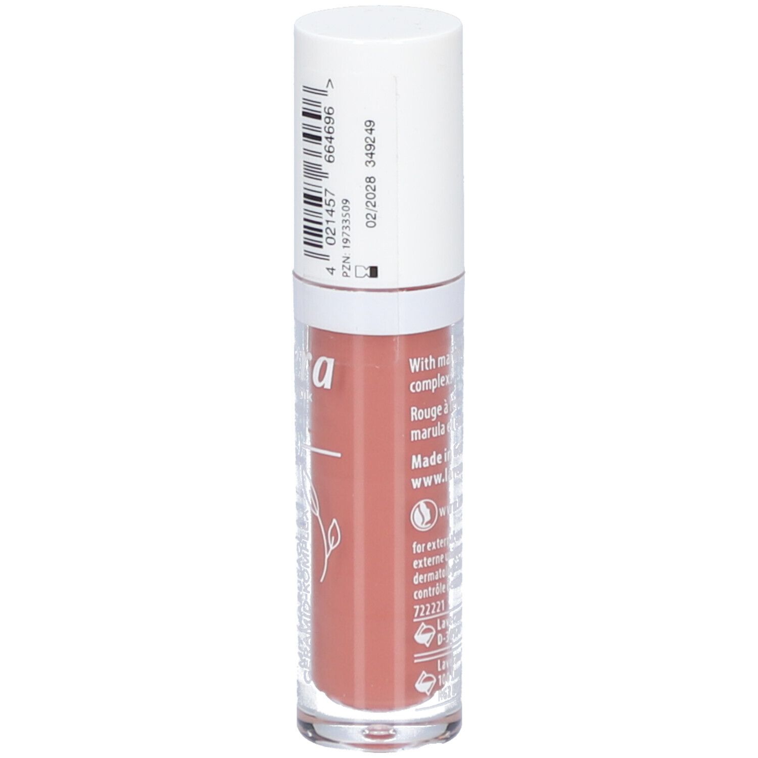 Rouge à lèvres liquide nude. Marque: lavera. Dos avec texte. Contenant transparent.