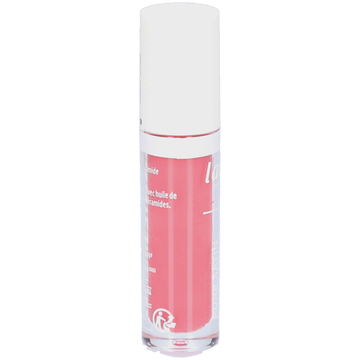 Rouge à lèvres liquide rose. Inscription: lavera, avec huile de marula & complexe de céramides.