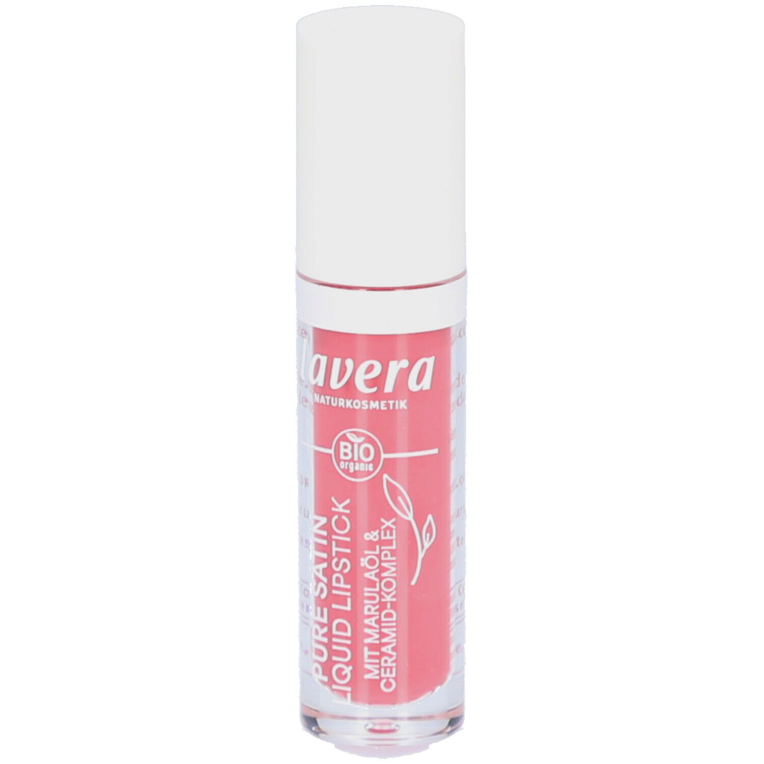 Rouge à lèvres liquide avec bouchon blanc. Inscription: lavera, Pure Satin Liquid Lipstick, label bio.