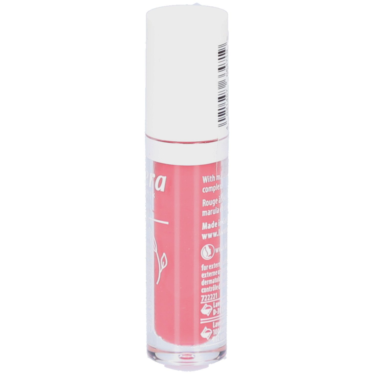 Dos du rouge à lèvres. Texte: lavera, avec huile de marula & complexe de céramides, label NATRUE.