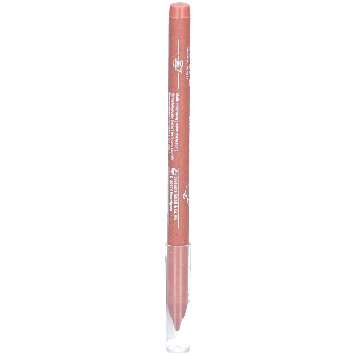 Crayon contour des lèvres. Dos avec texte et logos. Marque : lavera. Couleur : Dark Rose 07. Pointe transparente.