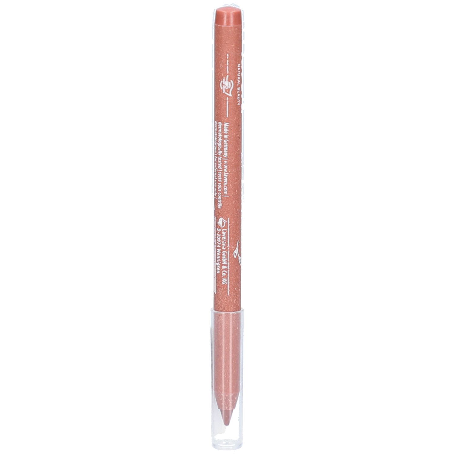Crayon contour des lèvres. Couleur rose-brun. Inscriptions et symboles. Capuchon transparent.