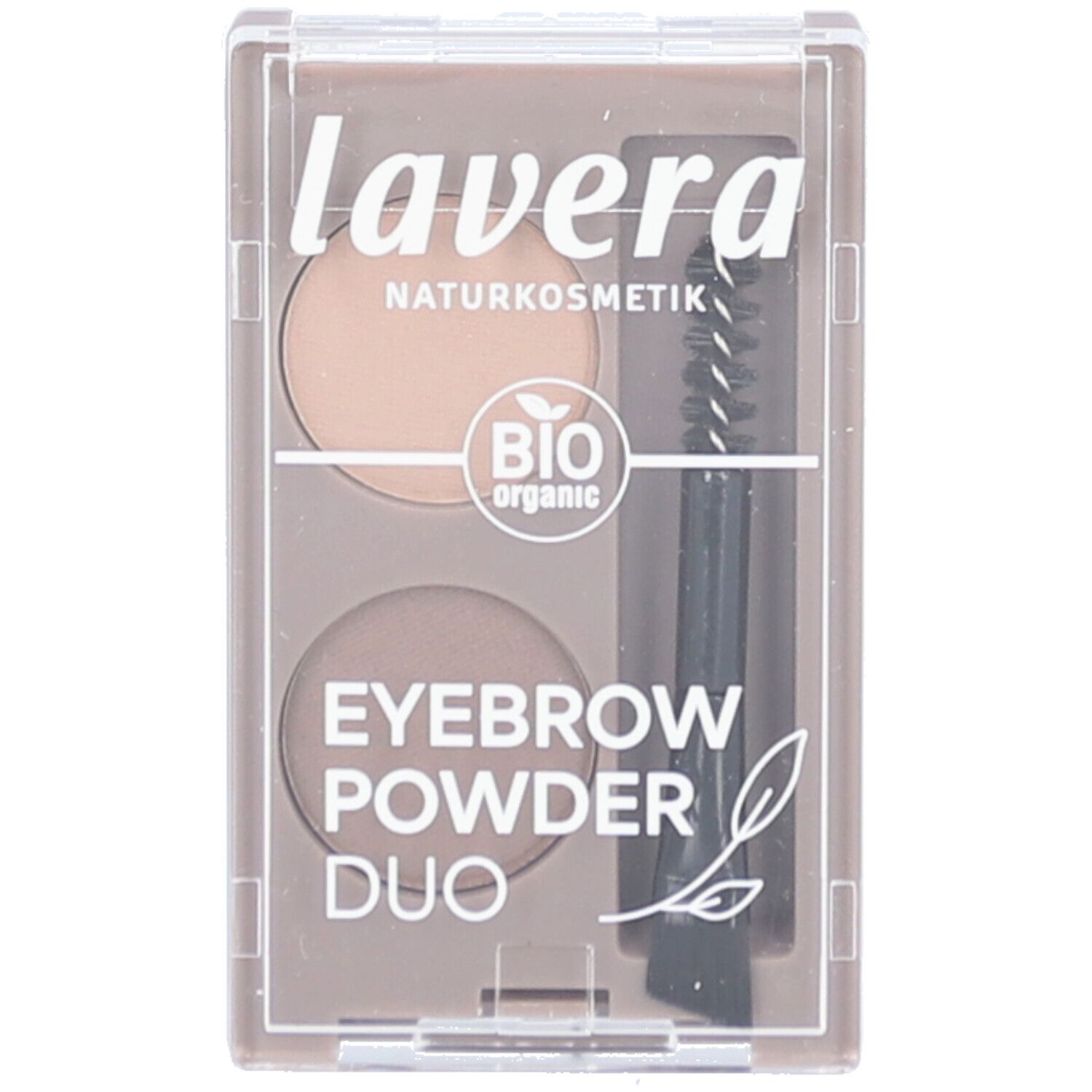 Duo de poudre à sourcils avec brosse. Deux teintes dans un boîtier rectangulaire transparent. Label bio et logo de la marque.