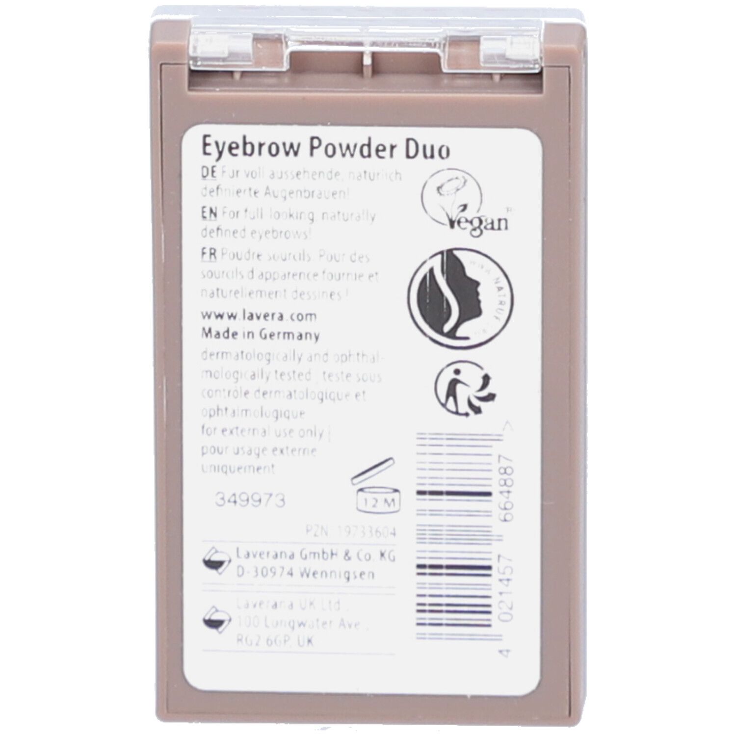 Dos du boîtier duo de poudre à sourcils. Texte en allemand, anglais et français. Label vegan. Fabriqué en Allemagne.