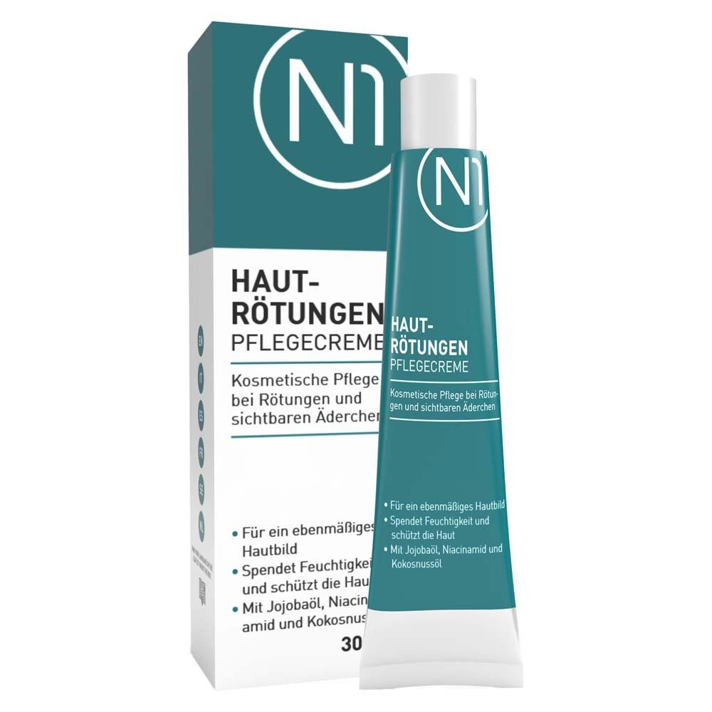 Tube et boîte de crème. Inscription : N1 Hautrötungen Pflegecreme. Soin cosmétique pour rougeurs et vaisseaux apparents.