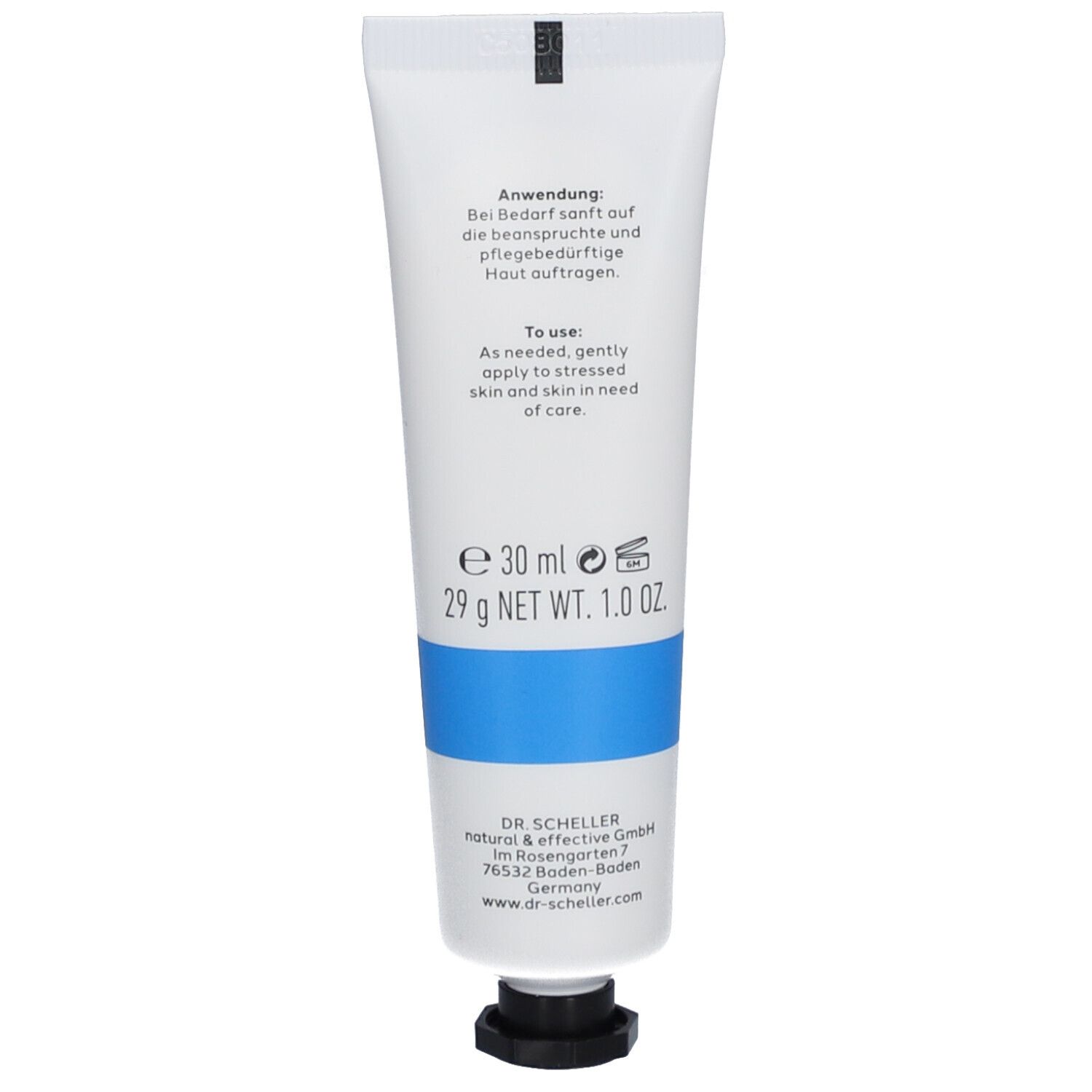 Dos de tube. Texte: Application: Appliquer doucement sur la peau stressée. 30 ml.