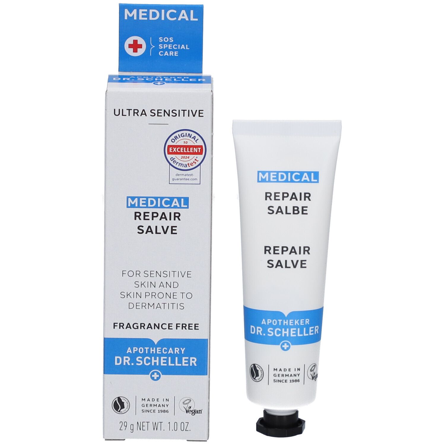 Emballage et tube. Emballage: MEDICAL REPAIR SALBE. Pour peaux sensibles. Apotheker Dr. Scheller. Vegan.