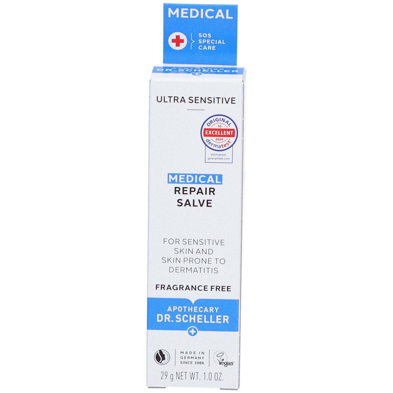 Emballage du produit. Inscription: MEDICAL REPAIR SALBE. Pour peaux sensibles. Apotheker Dr. Scheller. Vegan.