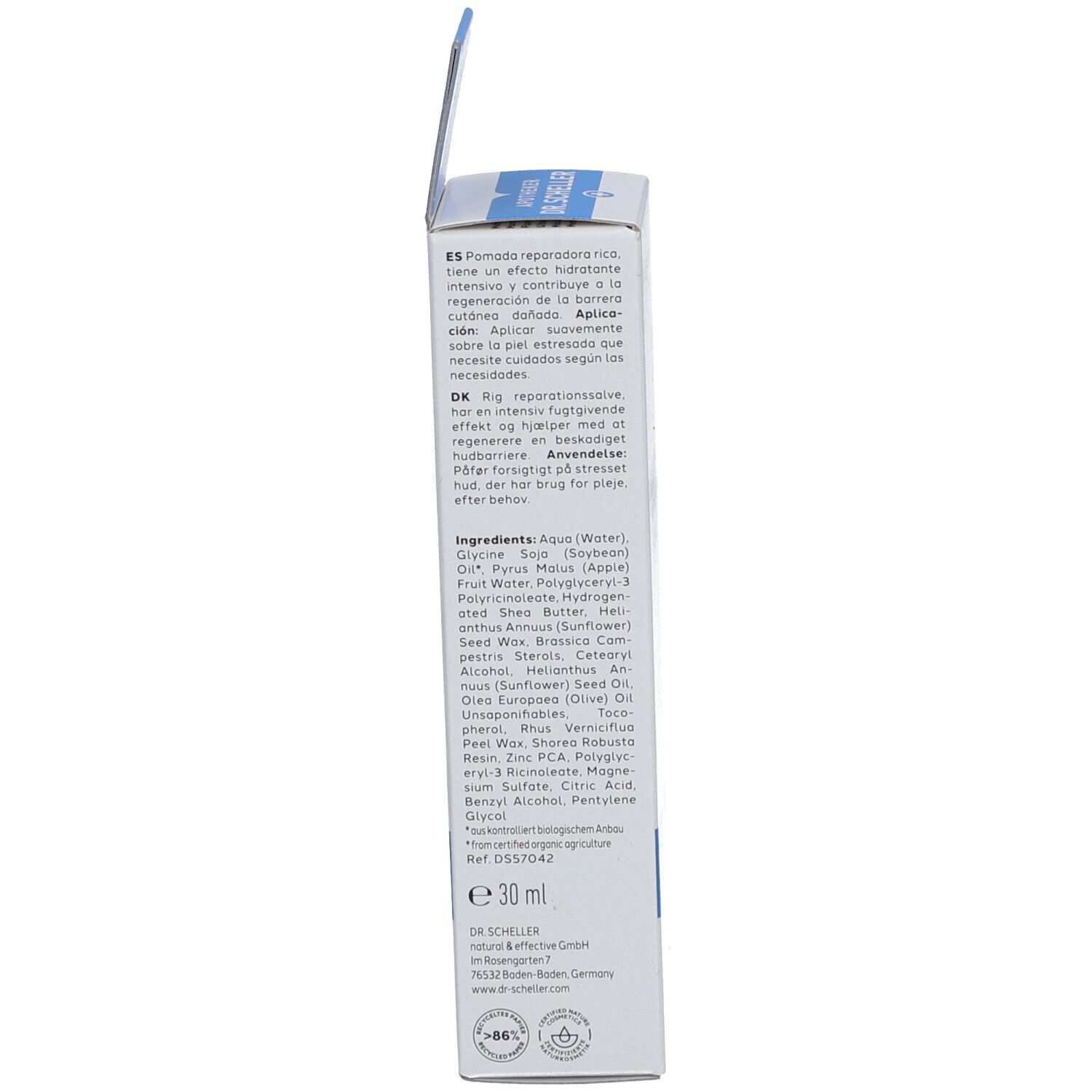 Vue latérale de l'emballage. Texte: Ingrédients, utilisation, informations fabricant. 30 ml.