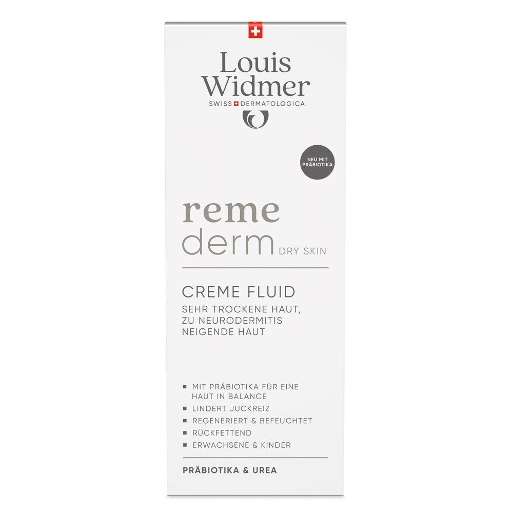 Boîte blanche avec nom et logo du produit. Texte: Crème fluide, pour peau sèche. Avec prébiotiques.