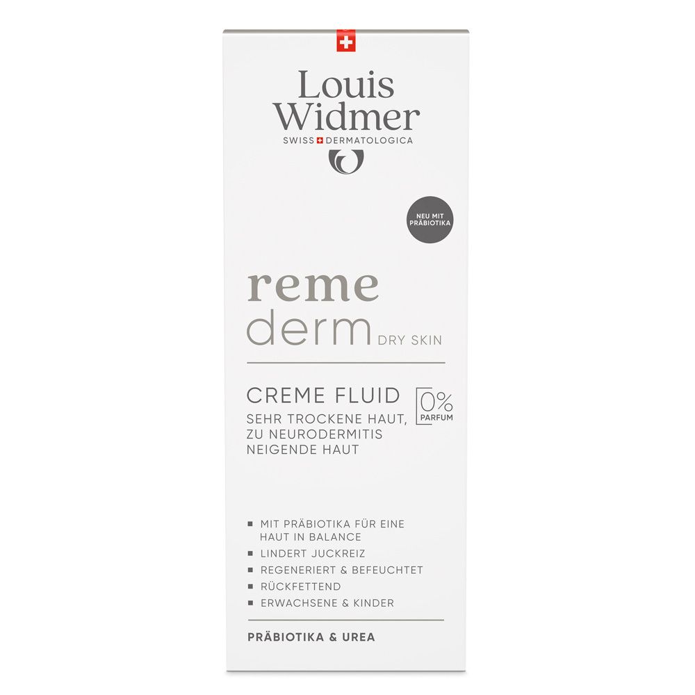 Emballage blanc Louis Widmer remederm Creme Fluid parfümfrei. Informations produit et logo. Drapeau suisse.