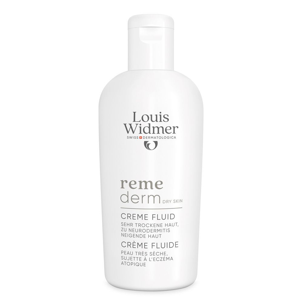 Flacon blanc Louis Widmer remederm Creme Fluid parfümfrei. Nom du produit et logo. Bouchon à vis.