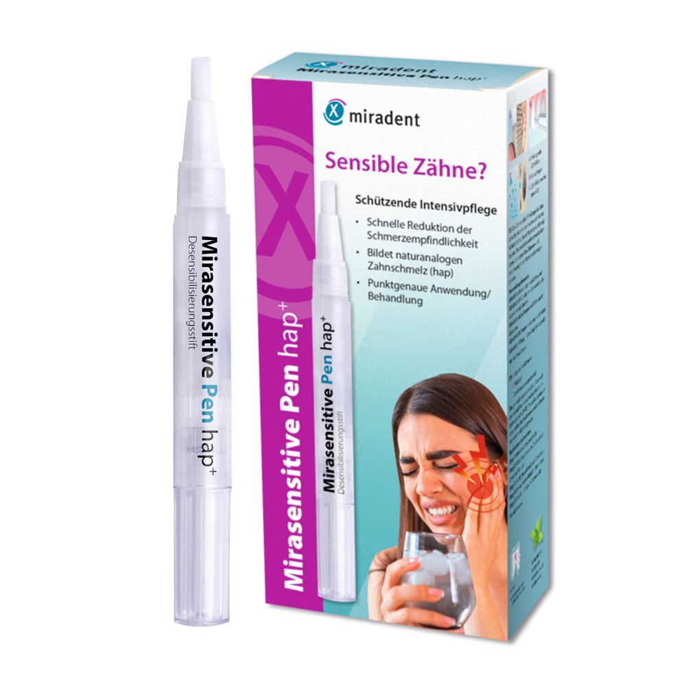 Stylo Mirasensitive Pen hap+ et emballage. Inscription : miradent, Dents sensibles ?, Soins intensifs protecteurs.