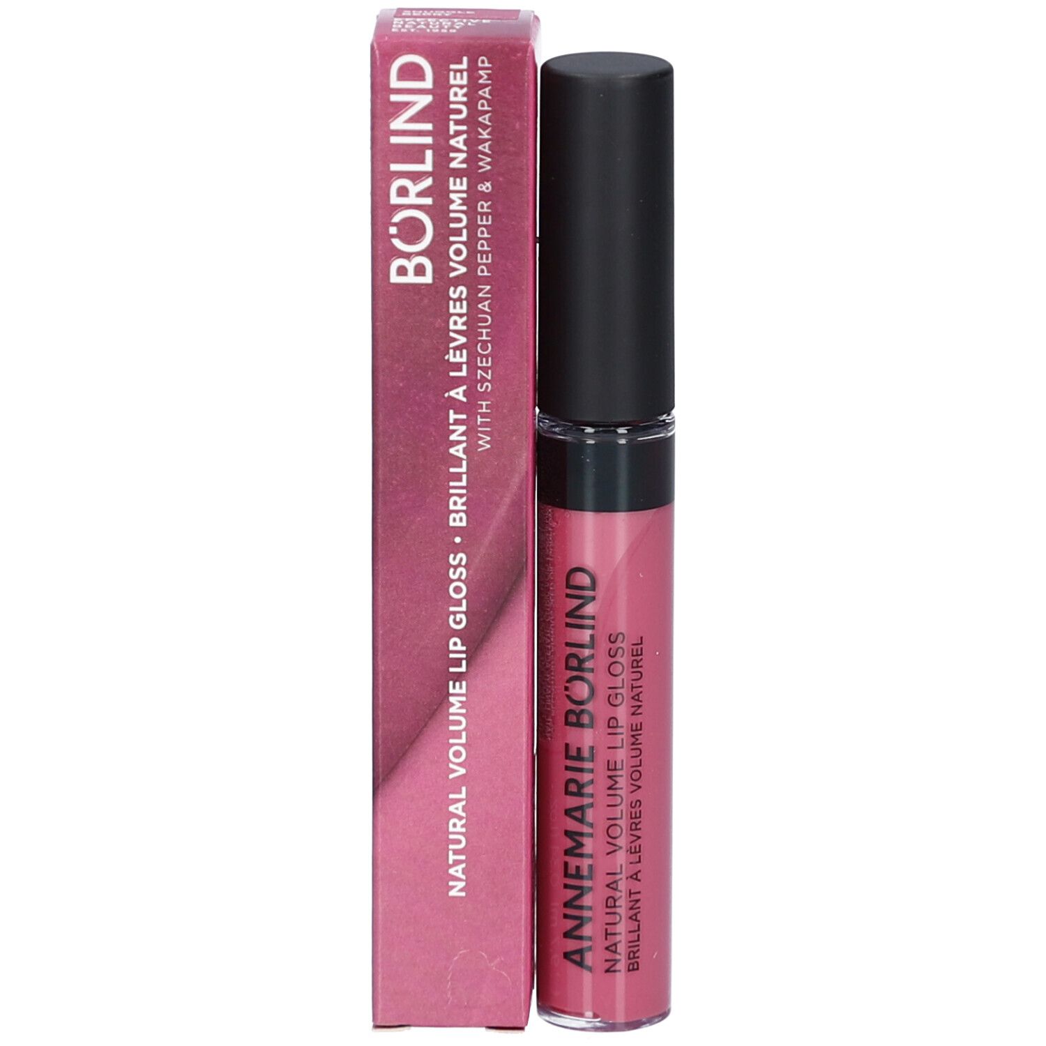 Gloss à lèvres avec emballage. Inscription: BÖRLIND NATURAL VOLUME LIP GLOSS. Couleur: Snuggle Berry. Avec Szechuan Pepper & Wakapamp.