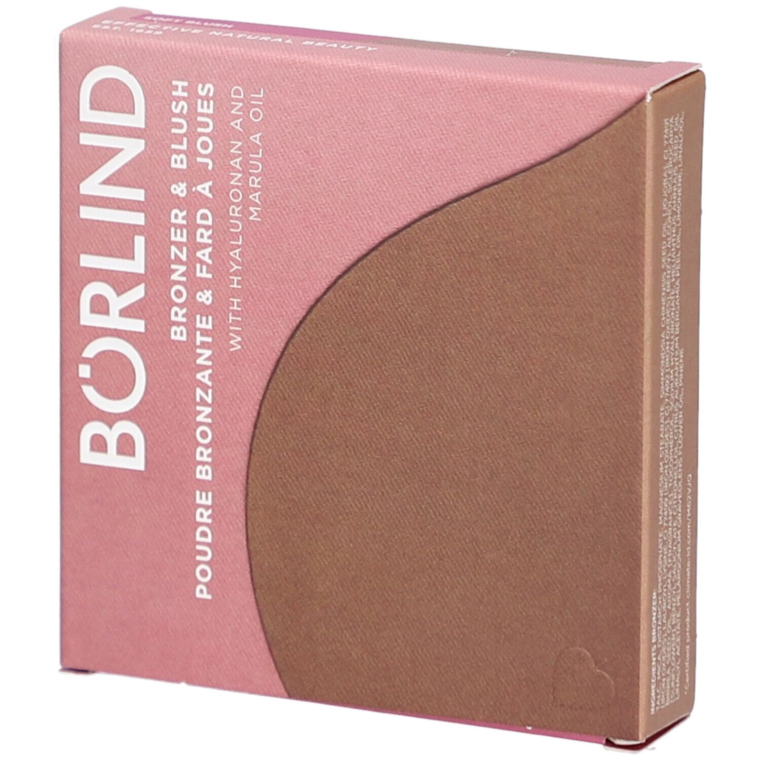 Boîte rose et marron. Texte: BÖRLIND, Bronzer & Blush, Poudre Bronzante & Fard à Joues, avec Hyaluron et huile de marula.