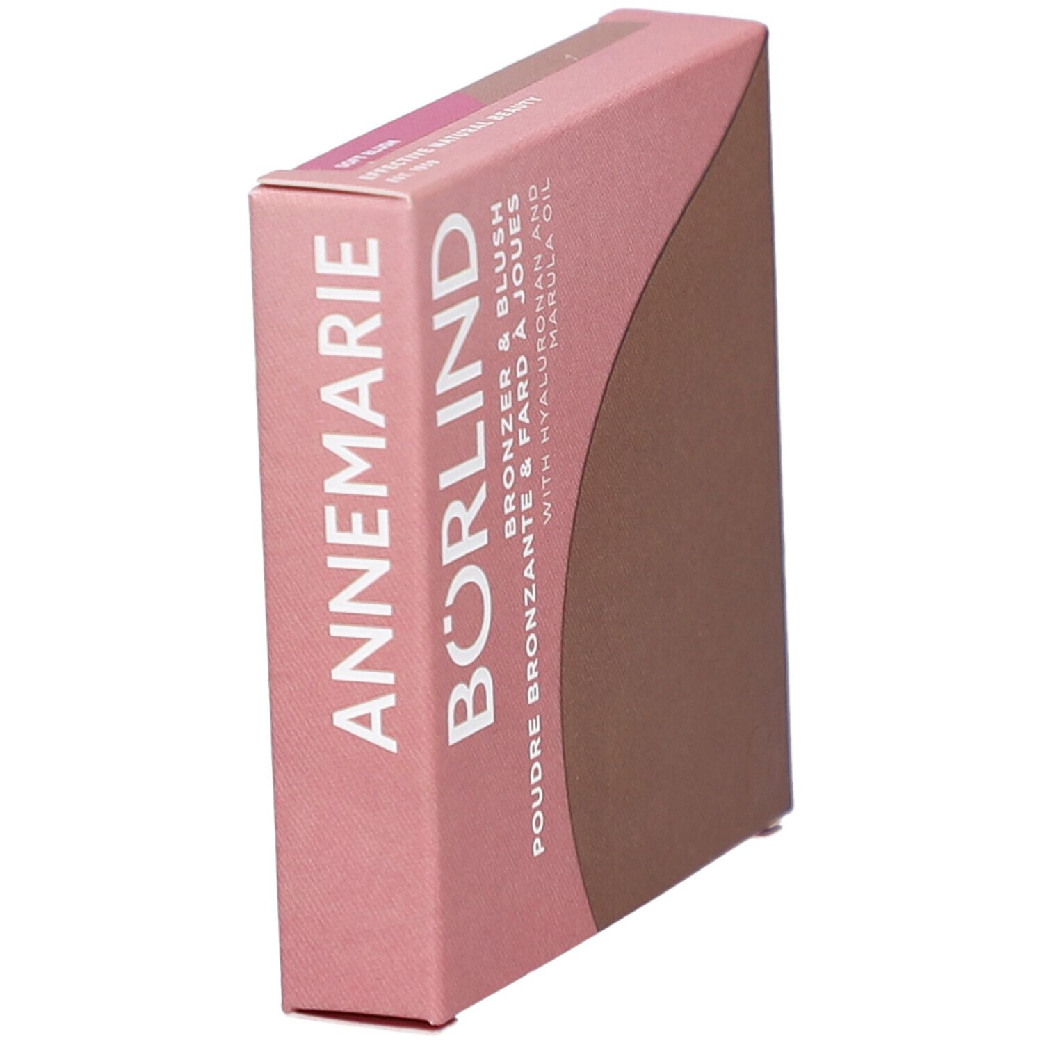 Boîte rose et marron. Texte: ANNEMARIE BÖRLIND, Bronzer & Blush, Poudre Bronzante & Fard à Joues, avec Hyaluron et huile de marula.