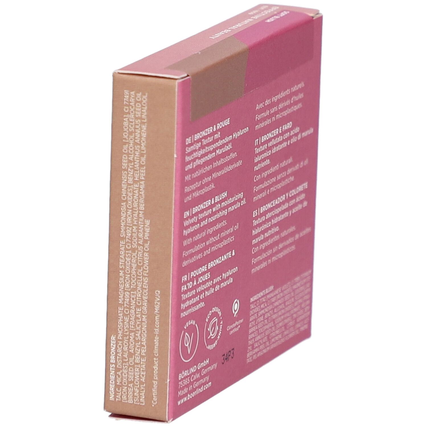 Dos de la boîte rose et marron. Texte en allemand, anglais, français et italien. Ingrédients et logos.