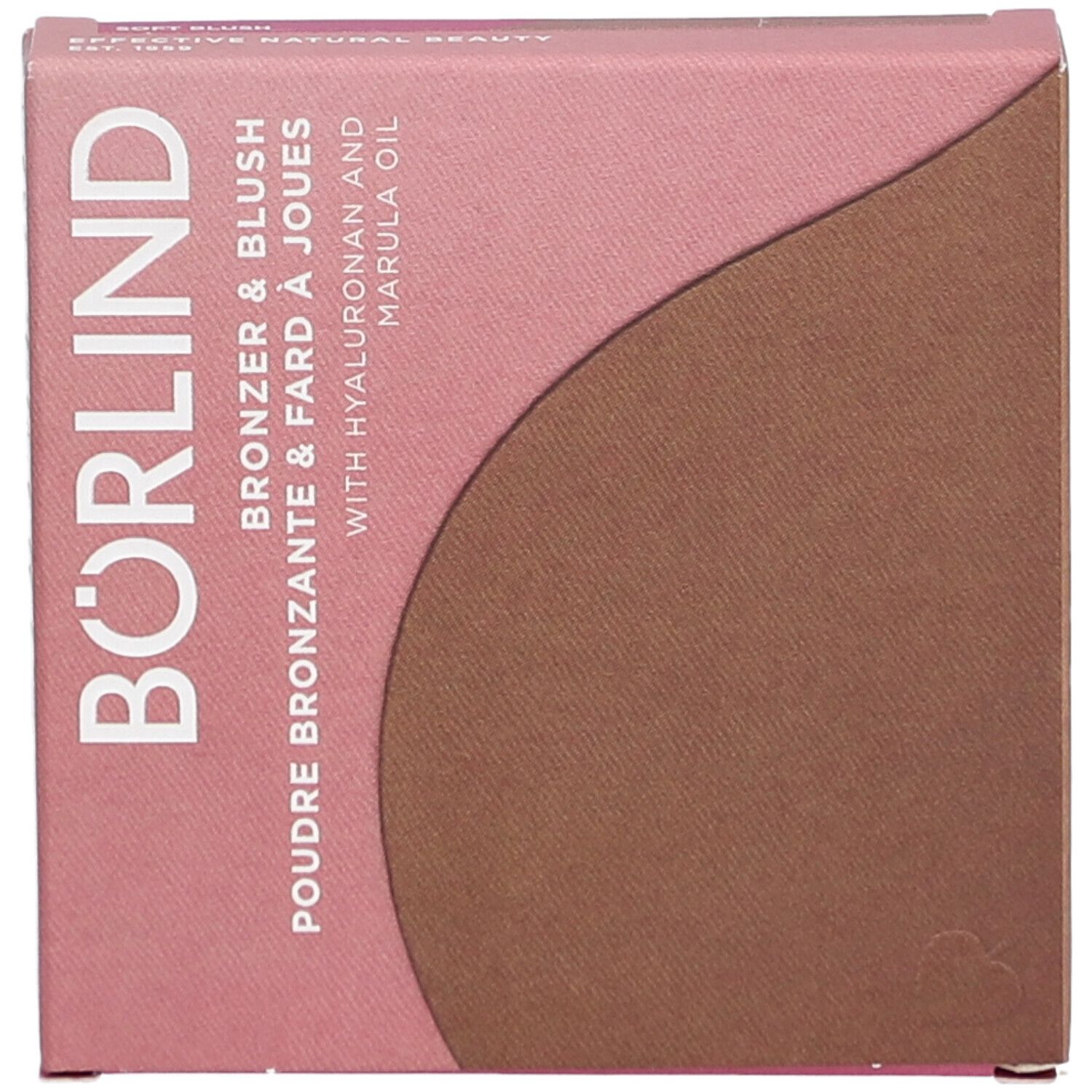 Boîte rose et marron. Texte: BÖRLIND, Bronzer & Blush, Poudre Bronzante & Fard à Joues, avec Hyaluron et huile de marula.