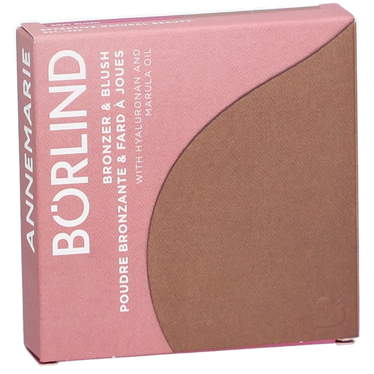 Boîte rose et marron. Texte: ANNEMARIE BÖRLIND, Bronzer & Blush, Poudre Bronzante & Fard à Joues, avec Hyaluron et huile de marula.