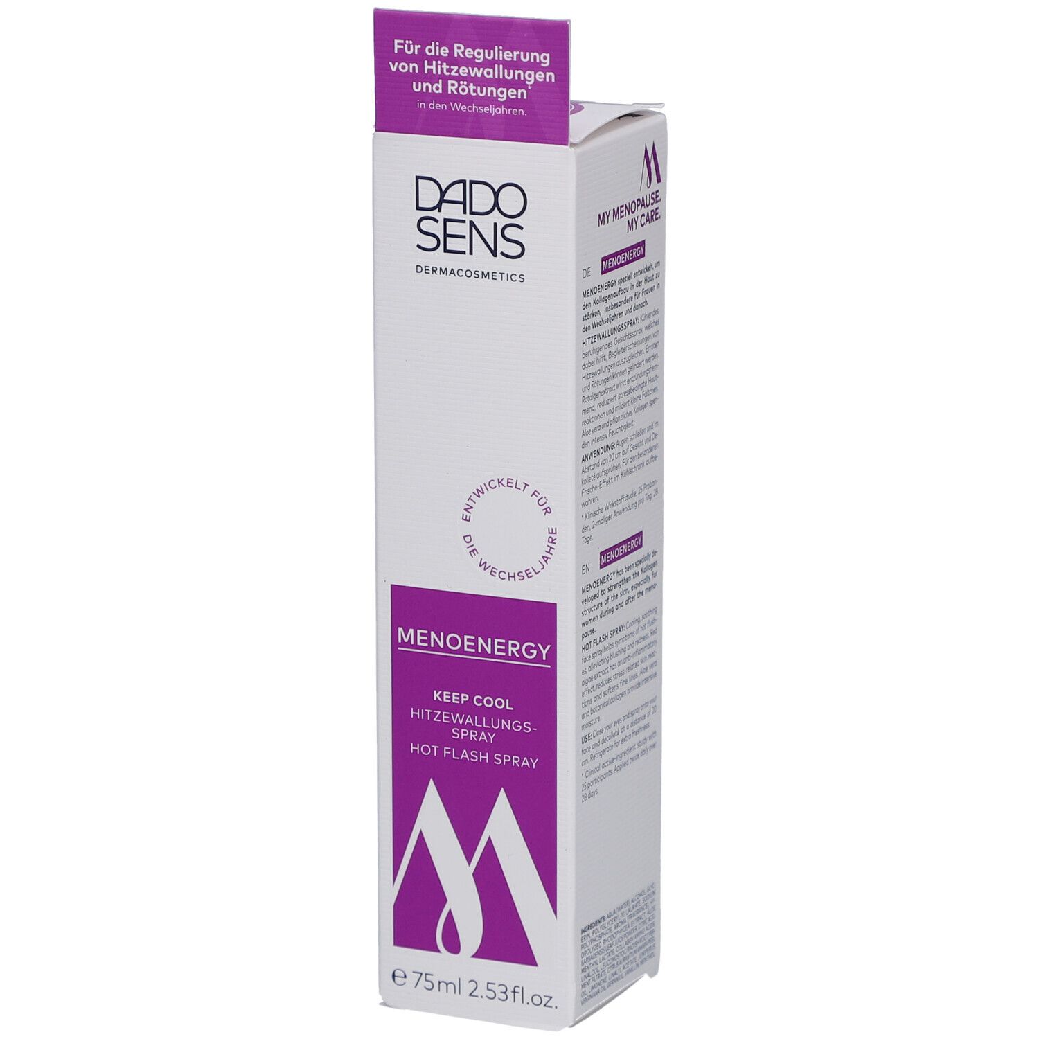 Boîte blanche avec accents violets. Inscription: DADOSENS, MENOENERGY KEEP COOL Hitzewallungs-Spray. Volume: 75ml.