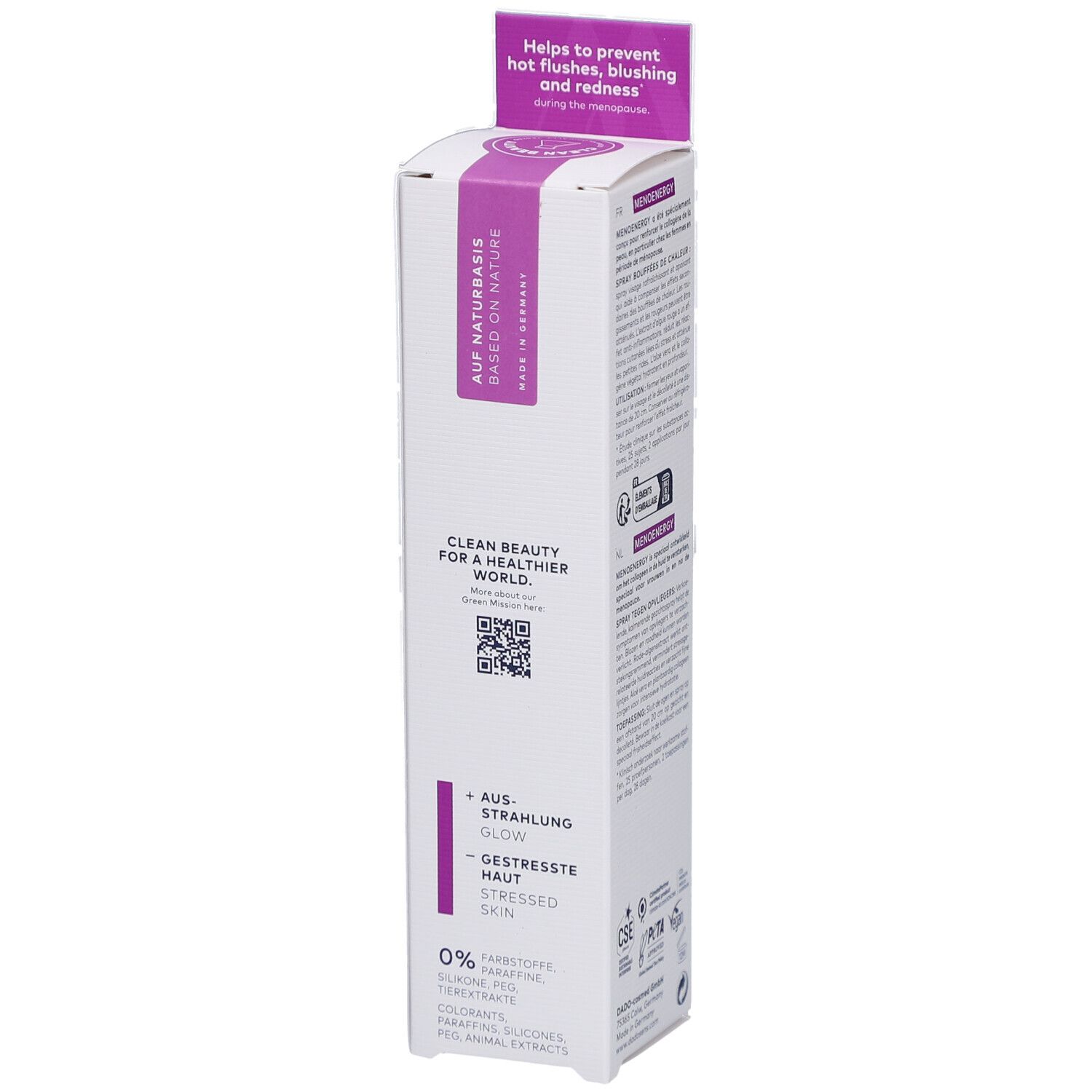 Emballage avec texte: Sur base naturelle, Clean Beauty. Code QR. Texte: + Éclat Glow, - Peau stressée. 0% ingrédients.