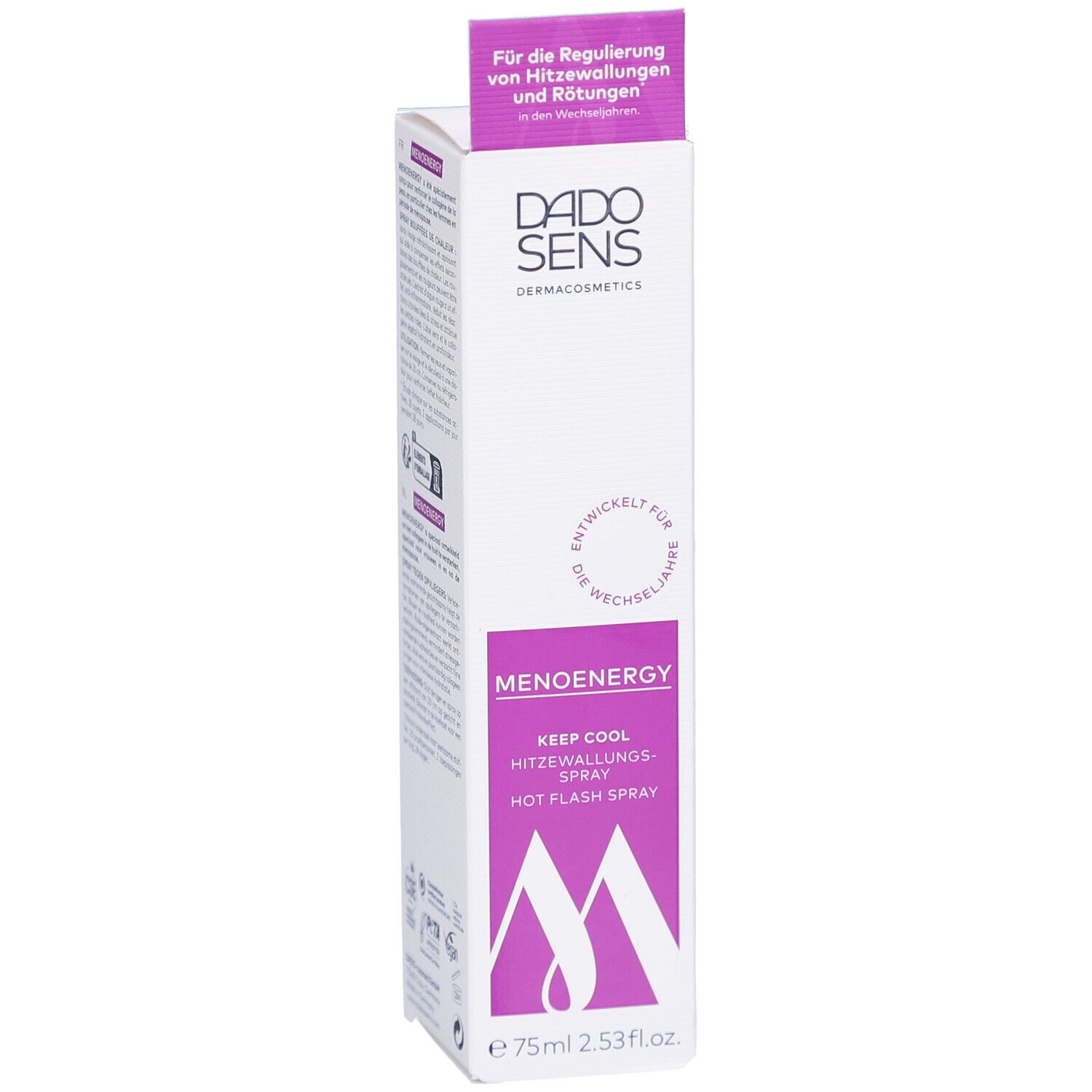 Boîte blanche avec accents violets. Inscription: DADOSENS, MENOENERGY KEEP COOL Hitzewallungs-Spray. Volume: 75ml.
