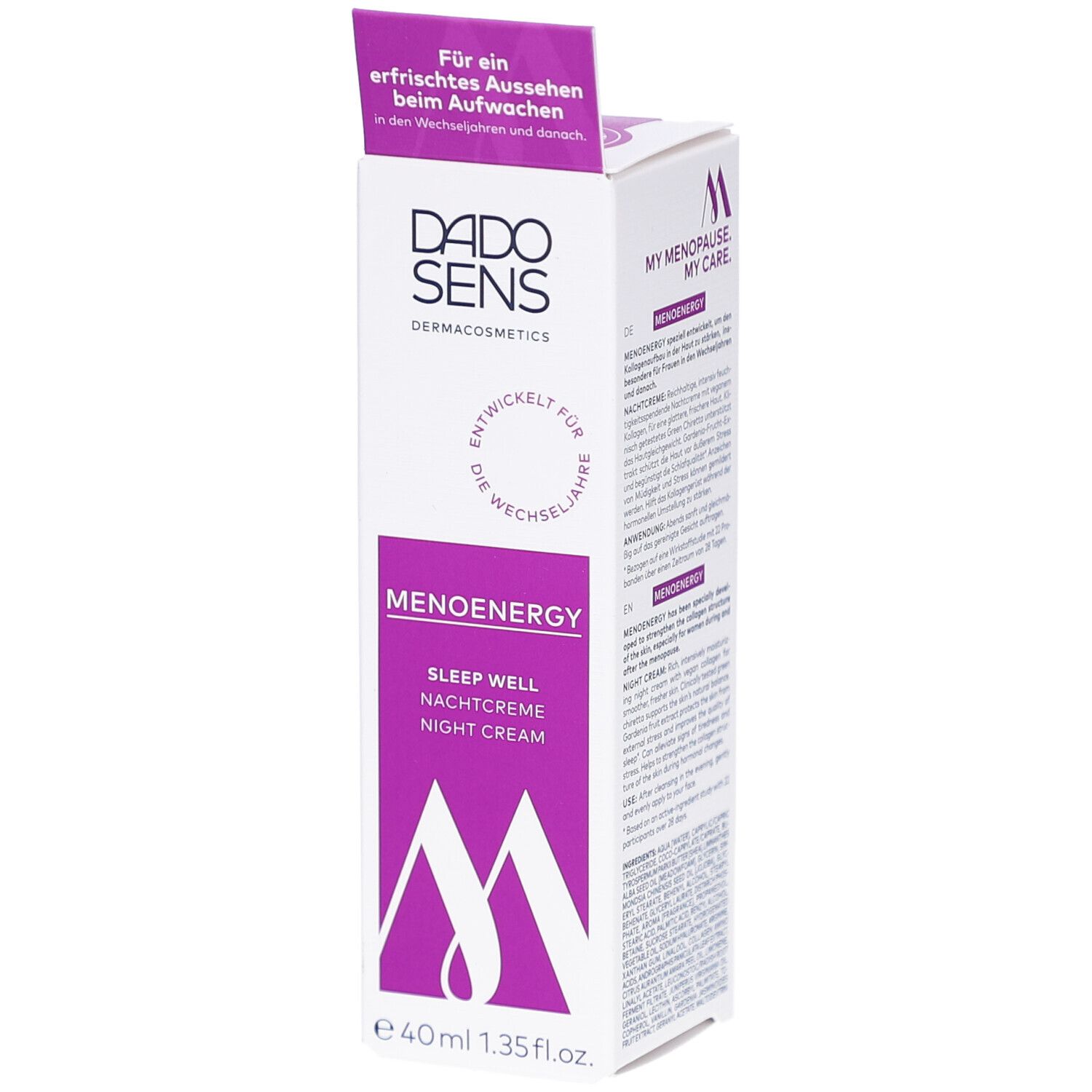 Emballage de DADOSENS MENOENERGY SLEEP WELL Nachtcreme. Accents violets, nom du produit et logo visibles. 40ml.